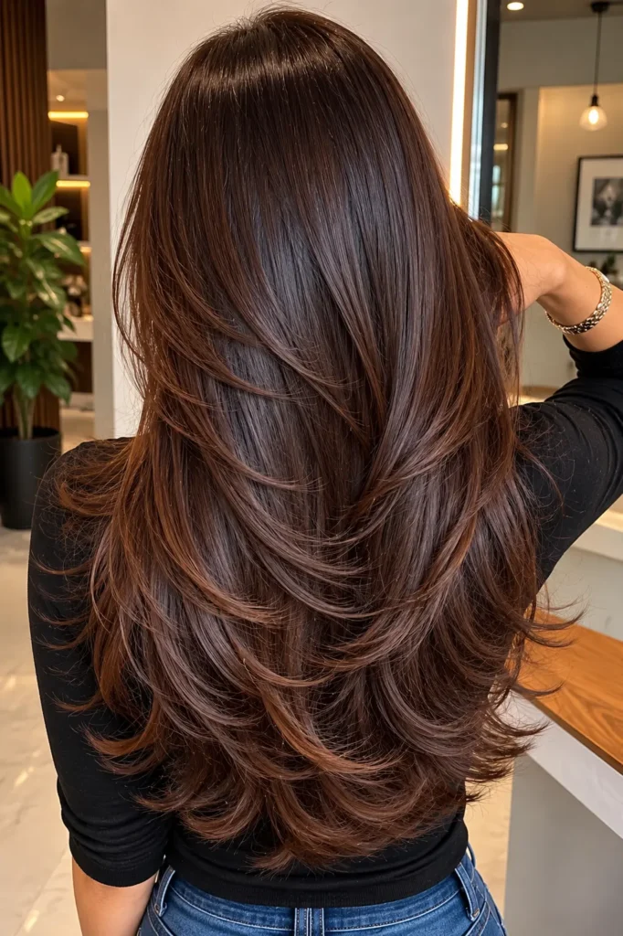 Back view of a real woman with a classic layered haircut featuring smooth, flowing layers and glossy dark brown hair.