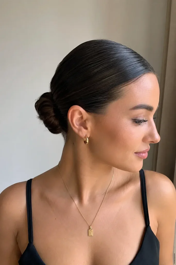 a young woman with a sleek low bun and slicked-back front hairstyle, natural makeup, glossy dark hair, and elegant everyday style