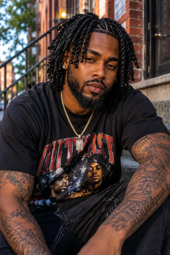 African American man with medium barrel twist locs and a neatly groomed beard, seated outdoors in an urban setting. He wears a black casual streetwear T-shirt, displaying authentic facial features and natural skin texture