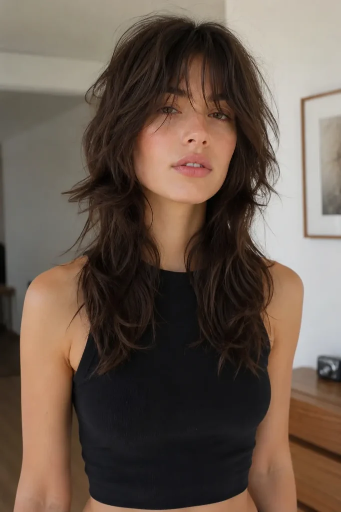 girl with a classic shaggy wolf cut hairstyle featuring layered crown volume, feathered ends, soft curtain bangs, and natural messy texture