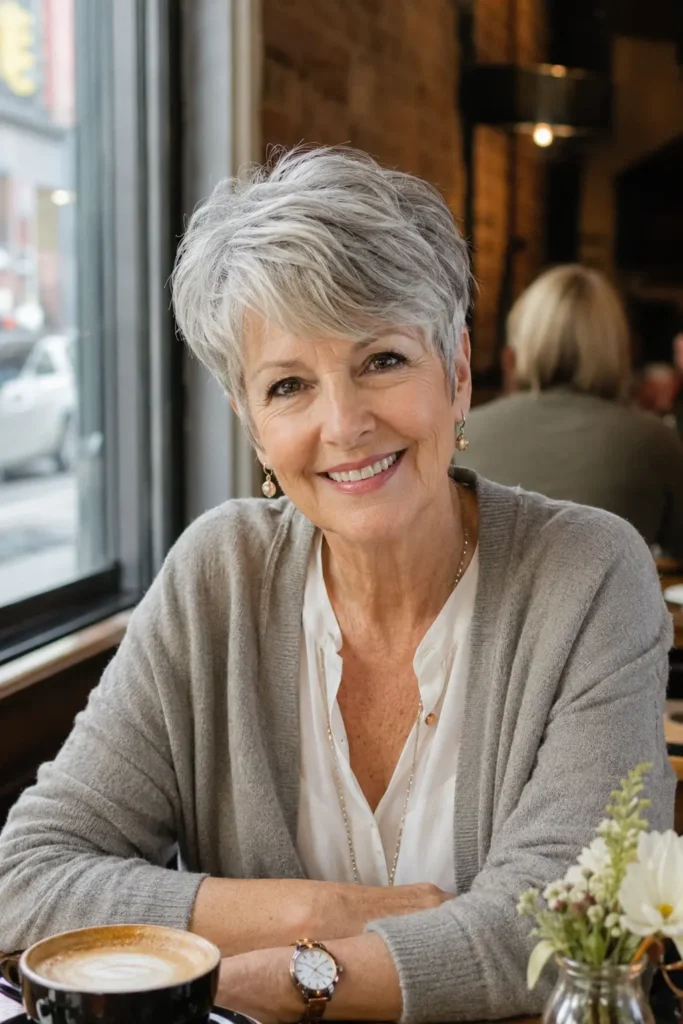 A smiling woman in her early 60s with a silver-gray pixie haircut and side-swept bangs sits in a cozy café by a window, wearing soft neutral clothing in warm natural light.