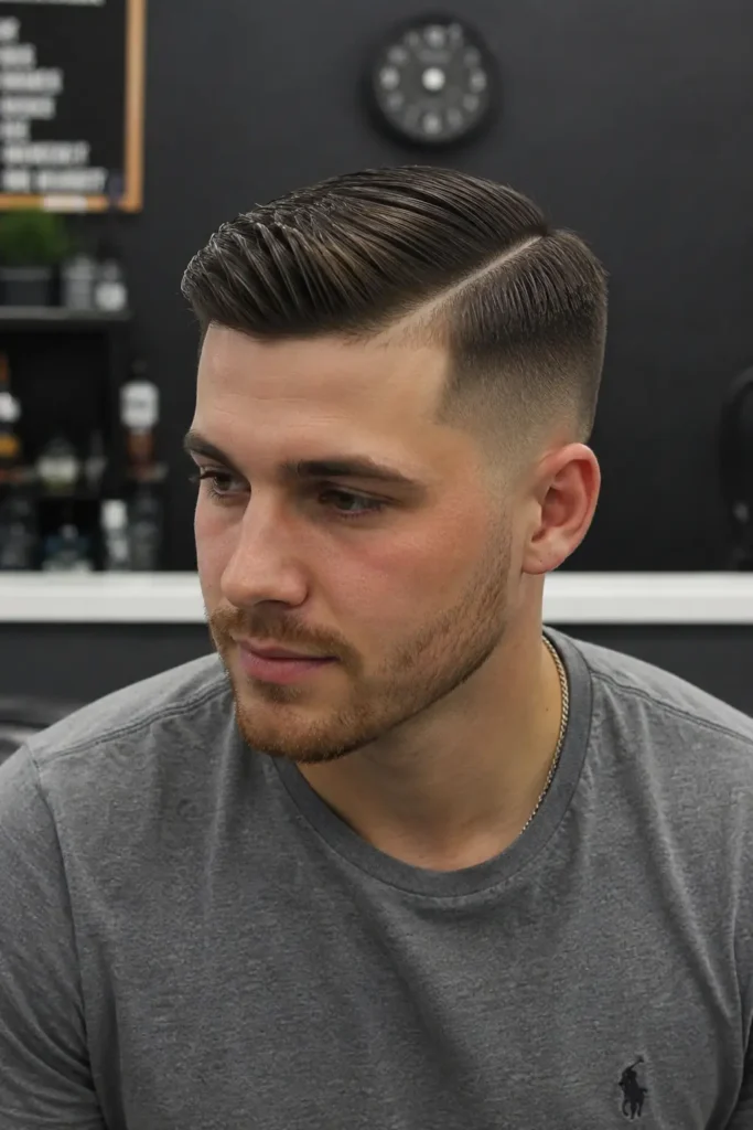 a young man with a classic side part fade haircut, featuring a clean defined part and smooth fade on the sides