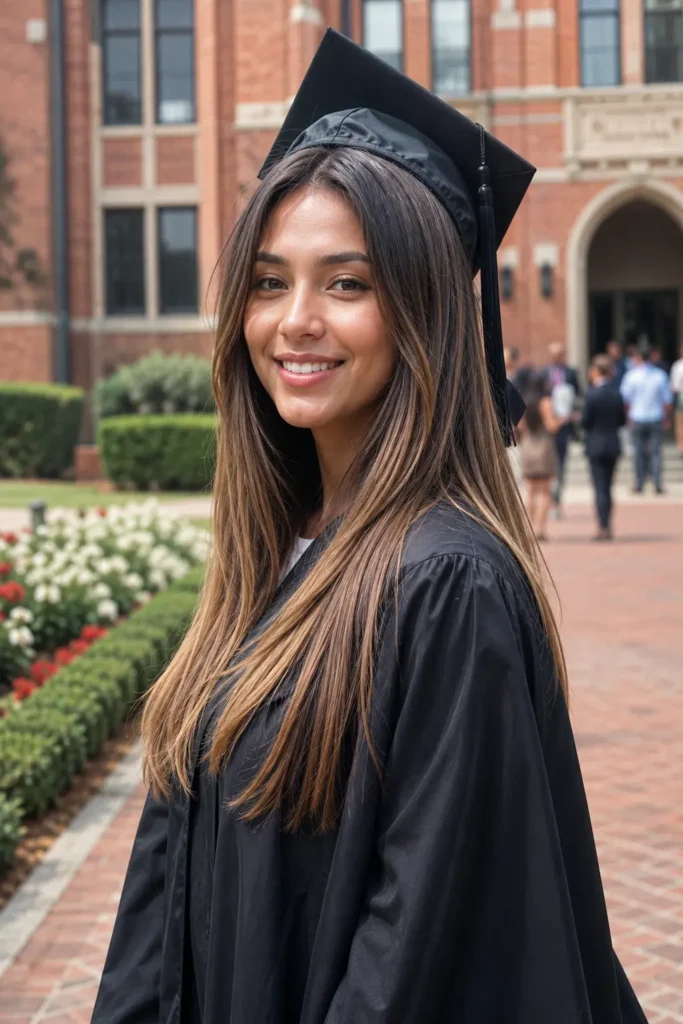 Young woman in a graduation gown with a sleek straight hairstyle visible beneath a slightly tilted graduation cap,