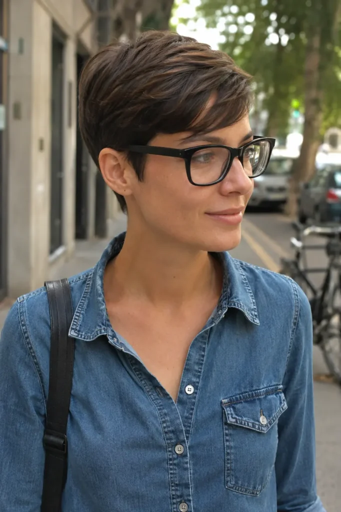 a woman in her early 30s with a tapered pixie haircut and medium brown hair, wearing thick black rectangular glasses and a denim button-up shirt