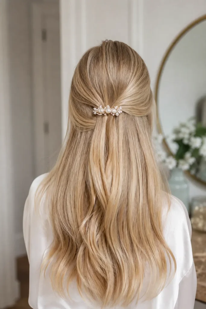 Back view of a real girl with pearl blonde hair styled half up, half down, secured with an elegant pearl clip. Her smooth, flowing strands fall to mid-back, 