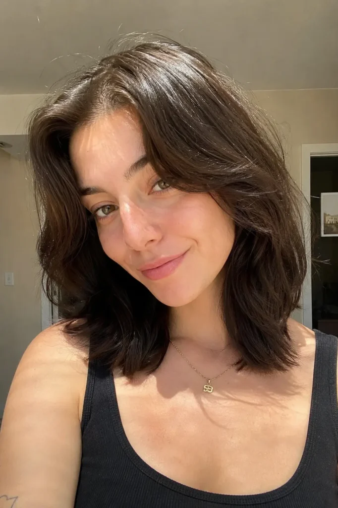 girl with a heart-shaped face and collarbone-length layered haircut, posing in natural indoor sunlight with soft shine and natural hair movement.