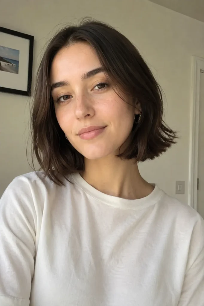 a young woman with a collarbone-length dark brown bob haircut with airy ends, wearing a simple white shirt