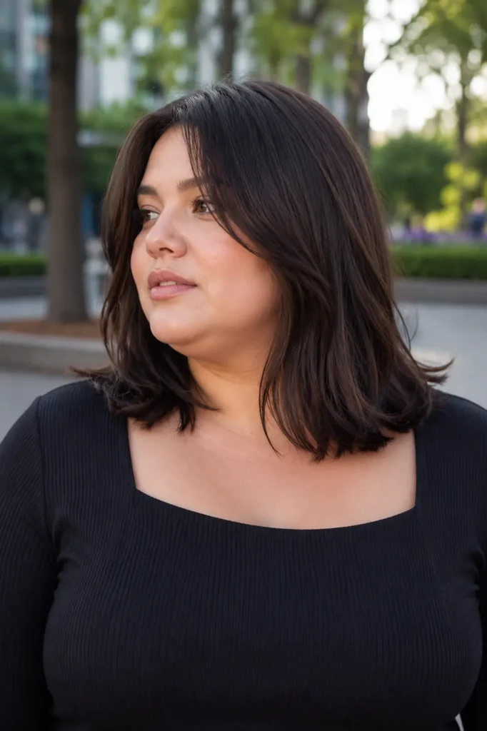 a plus-size young woman with a collarbone-length haircut slightly below the shoulders, featuring soft natural layers, smooth shiny dark hair