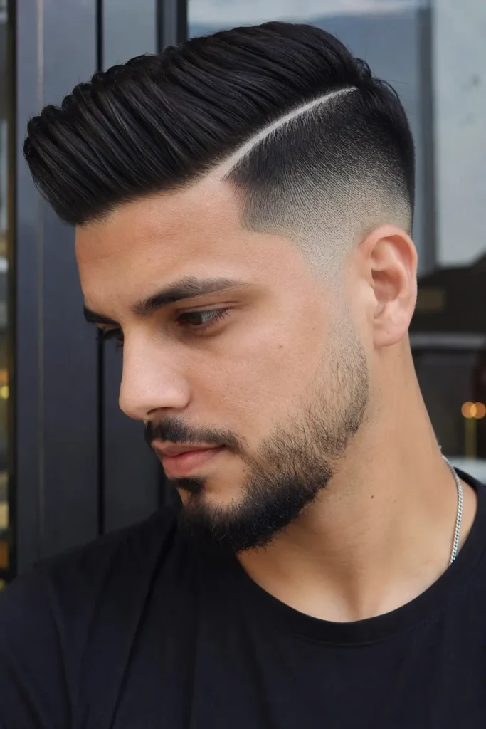 young man with a comb over fade haircut and a sharp hard shaved line, featuring realistic skin texture, natural facial features