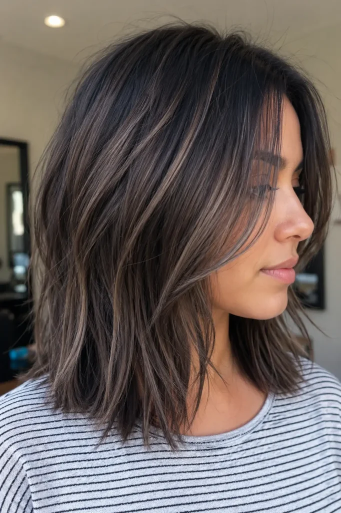 girl with a dark layered lob hairstyle featuring cool ash babylights, shown in a side-profile portrait with soft textured movement