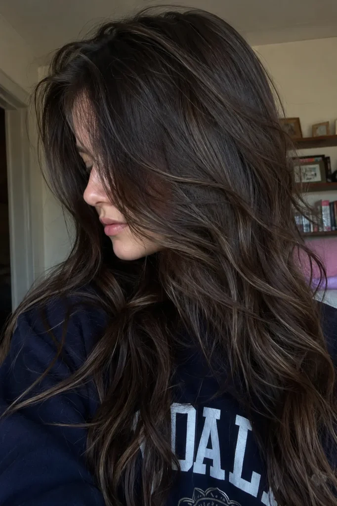 A young woman with midnight-brown hair featuring cool ash-toned ribbons styled in soft, natural waves. The vertical portrait is tightly framed so the flowing hair dominates the composition