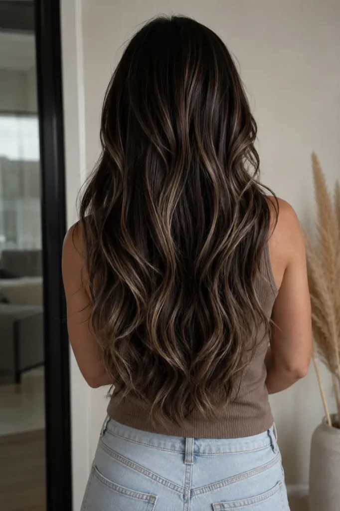 a girl with long, textured dark chocolate hair featuring cool beige ash babylights, styled in soft flowing waves