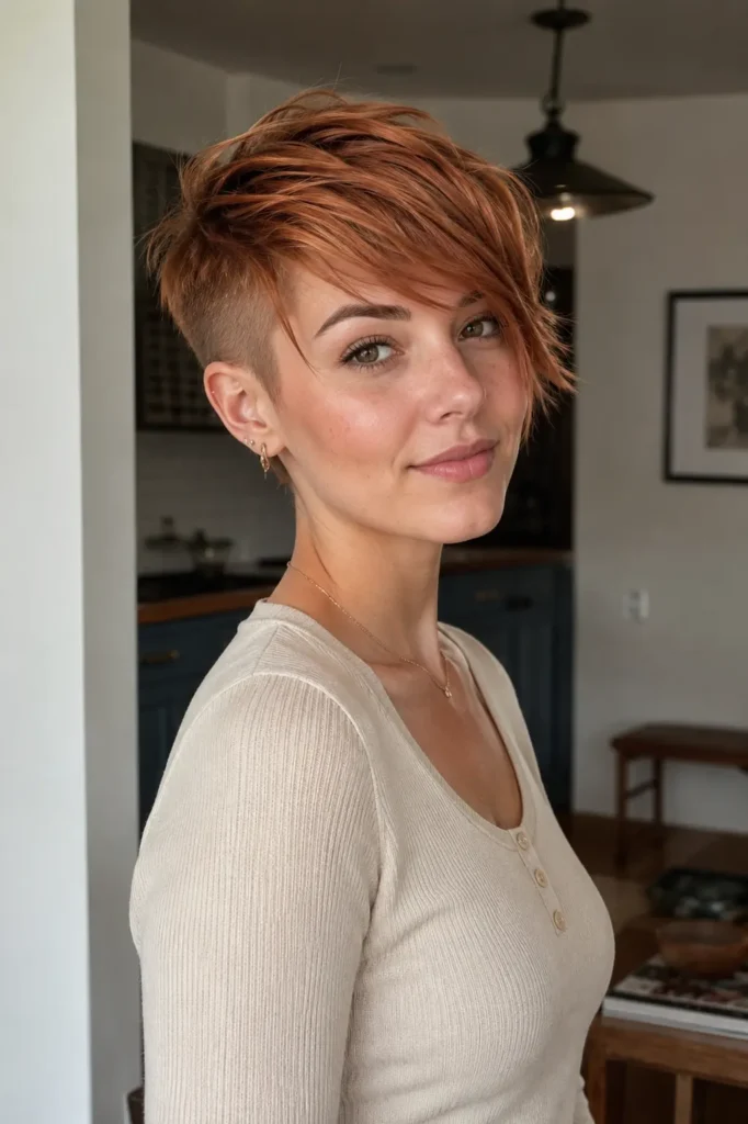 a young woman with a copper pixie haircut featuring one shaved side and textured top layers. Her warm rich hair color shines naturally in soft indoor daylight, with realistic movement and texture