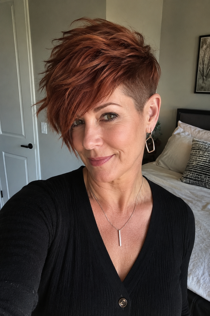 woman over 40 with a copper pixie haircut featuring one shaved side and textured top layers. Warm rich copper hair color with natural shine and soft movement