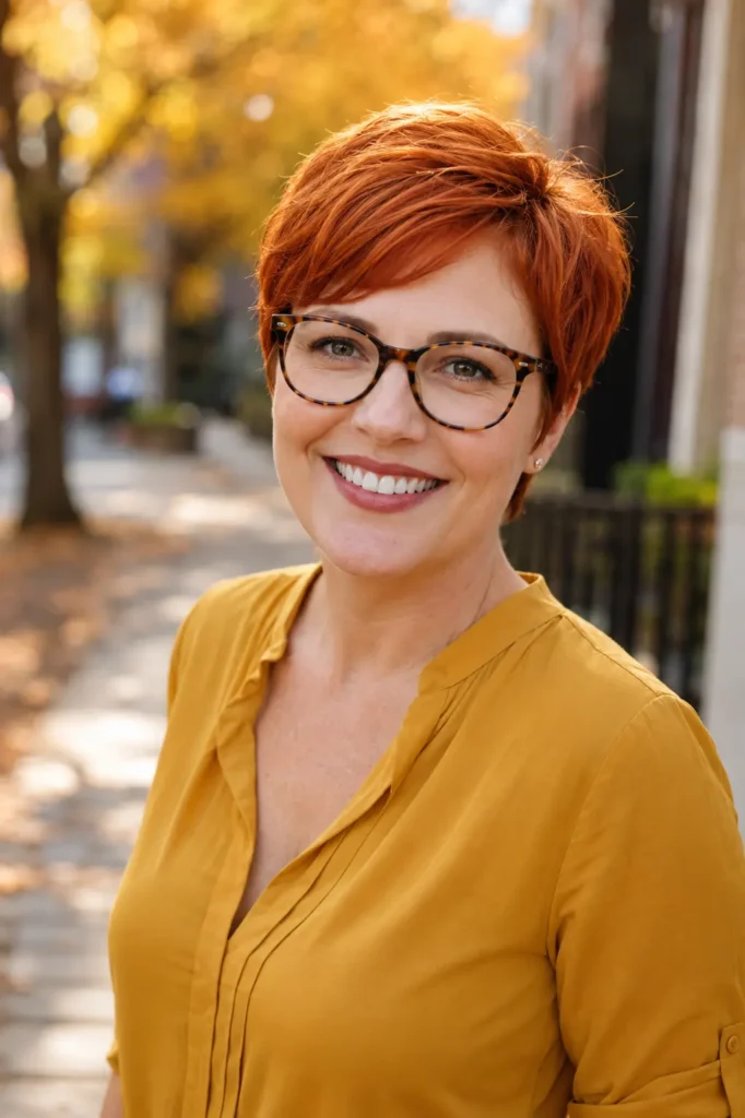 A smiling woman in her mid-30s with a vibrant copper-red pixie haircut and warm auburn tones stands outdoors in soft autumn sunlight