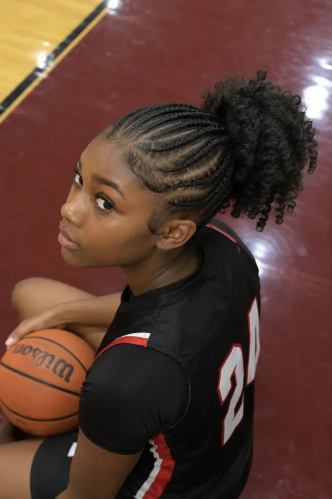 Black girl athlete with neat cornrows styled into a high curly puff ponytail, wearing a black basketball uniform