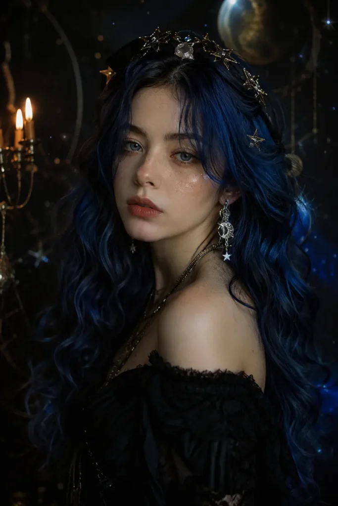 young girl with long midnight blue wavy hair styled in a cosmic witch aesthetic, wearing celestial star and moon accessories. She has soft fantasy-inspired makeup, natural skin texture, and a dark off-shoulder outfit.