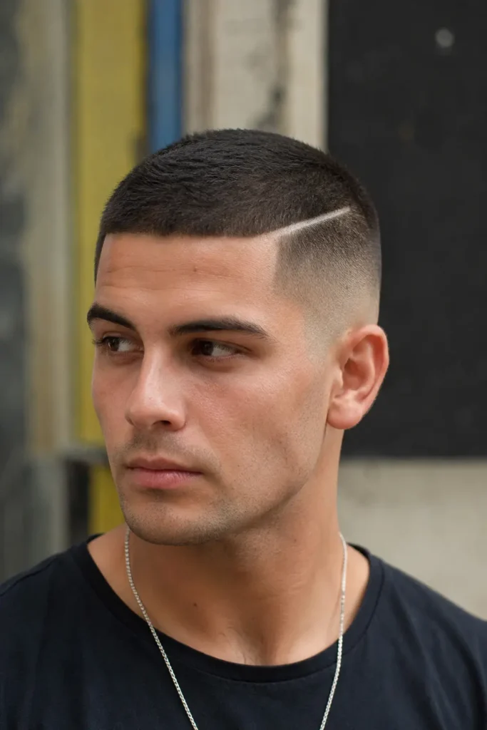 a young man with a crew cut and hard part haircut, featuring a sharp fade and defined shaved line detail.