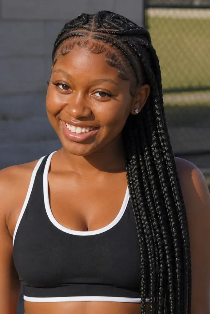 A smiling young Black woman stands outdoors in bright natural sunlight, shown from the upper body up. She has long criss-cross braided hair draped over one shoulder, neatly styled edges, and wears a black sporty crop top with white trim