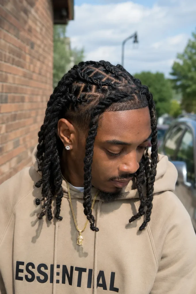 Real African American man outdoors wearing a beige hoodie and gold chain, shown in a realistic vertical portrait. His hair features an intricate crisscross barrel twist loc hairstyle with clean geometric parting and detailed twist patterns across the scalp