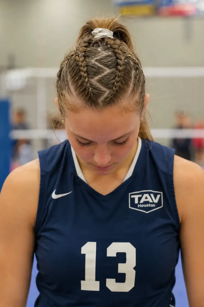 Head-down close-up of a real teenage volleyball athlete with a crisscross performance braid hairstyle featuring intersecting scalp braids in a geometric pattern, wearing a navy volleyball jersey on an indoor court.