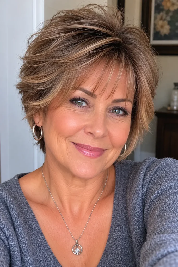 a 50–60-year-old woman with a cropped layered hairstyle featuring a lifted crown for added volume.