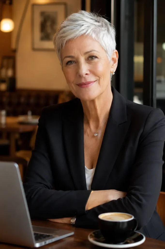 A confident professional woman in her early 60s with a sharply cropped silver pixie haircut and tapered neckline sits at a café table wearing a black blazer. Warm indoor lighting highlights her polished expression as a laptop and coffee cup rest on the table,