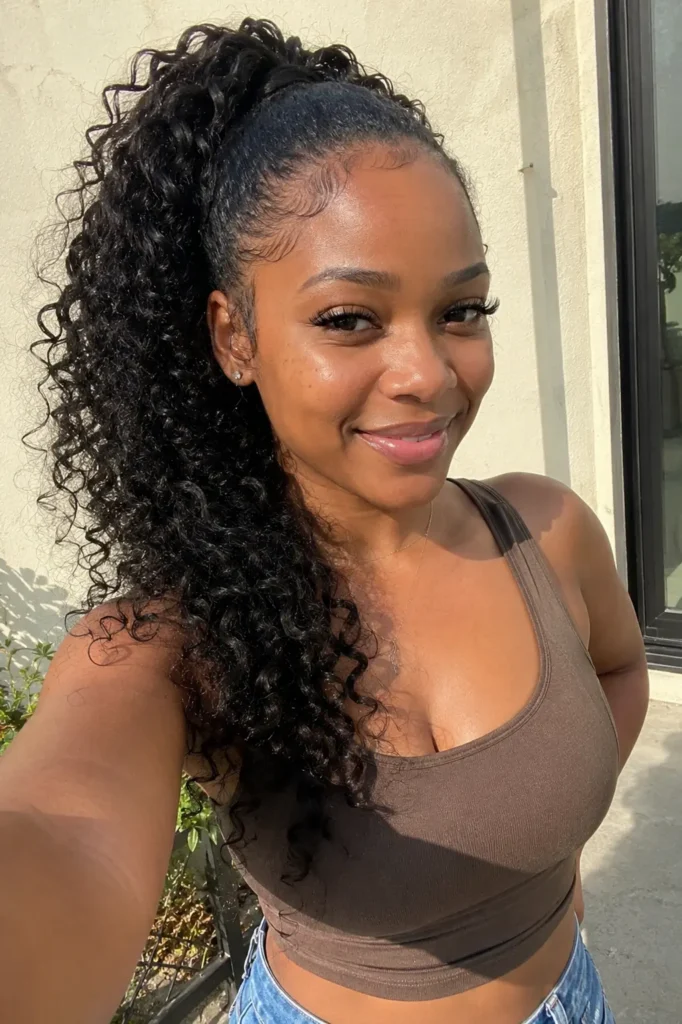 Curly drawstring quick weave ponytail hairstyle on a realistic young woman with defined voluminous curls and natural movement