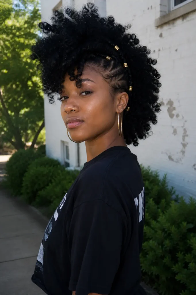 A young Black woman stands outdoors  She has a curly frohawk hairstyle with bold, defined curls, accented by small gold hair accessories along the sides. She wears hoop earrings and a casual dark T-shirt.