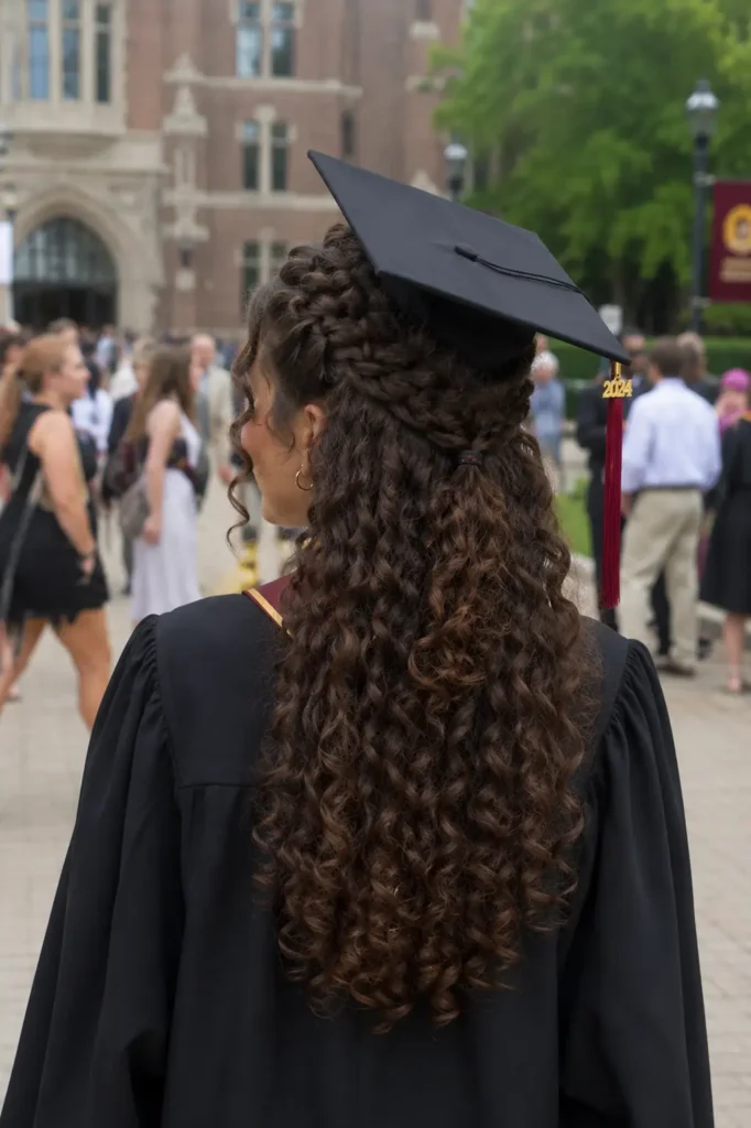 Back view of a real young woman wearing a graduation gown and cap slightly tilted back, showcasing a curly half-up hairstyle with defined curls and braided details on a university campus