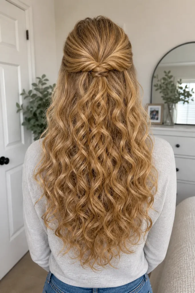 Back view of a girl with half-up, half-down golden blonde curls in soft indoor light.
