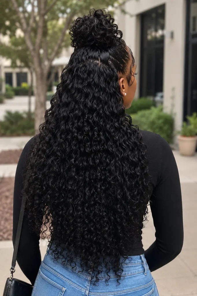 Back view of a real Black woman with a curly half-up half-down hairstyle, featuring long defined curls cascading down her back