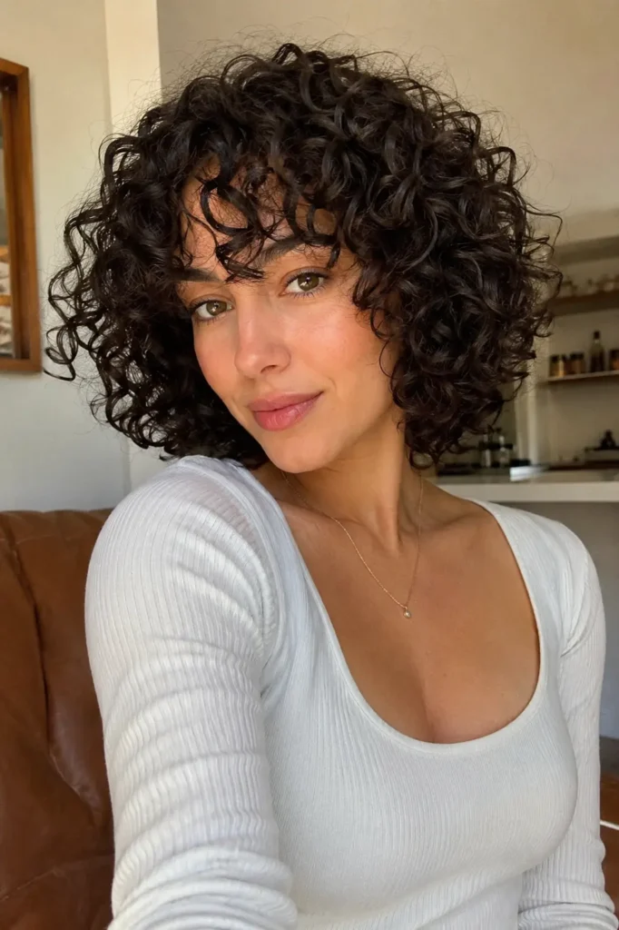 Curly layered bob hairstyle on a real everyday woman with defined natural curls and airy volume, photographed in soft natural indoor lighting