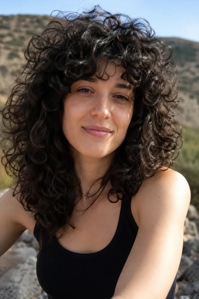 a young woman with voluminous curly layered hair, featuring defined natural curls and rich texture. She has authentic facial features, natural skin texture, and a soft relaxed expression.
