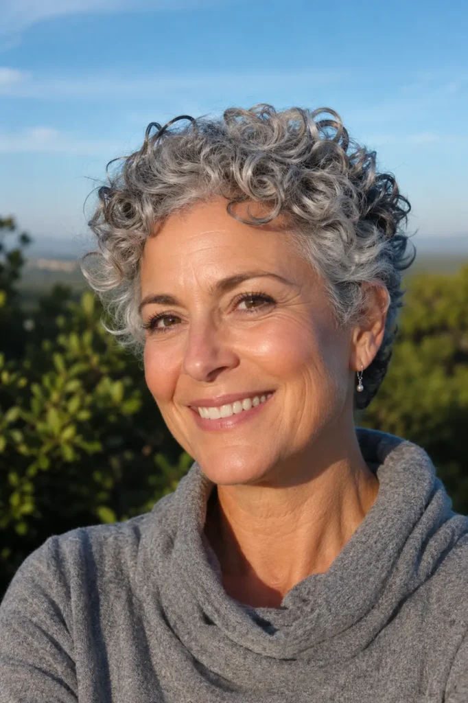 Smiling mature woman in her late 50s with a natural curly silver-gray pixie cut, radiant skin, and warm expressive eyes, photographed outdoors in golden natural sunlight with a joyful and confident expression.