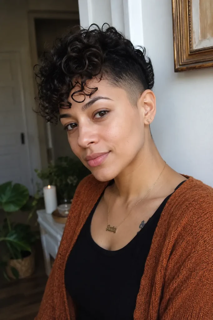 Young woman with a curly pixie haircut and shaved sides posing indoors in soft natural daylight. Her defined dark curls add volume on top,