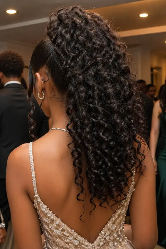 Back view close-up of a Black teenage girl at prom with a high curly ponytail, showing voluminous, defined curls cascading down her back, natural hair texture, and an elegant dress in a softly lit indoor setting