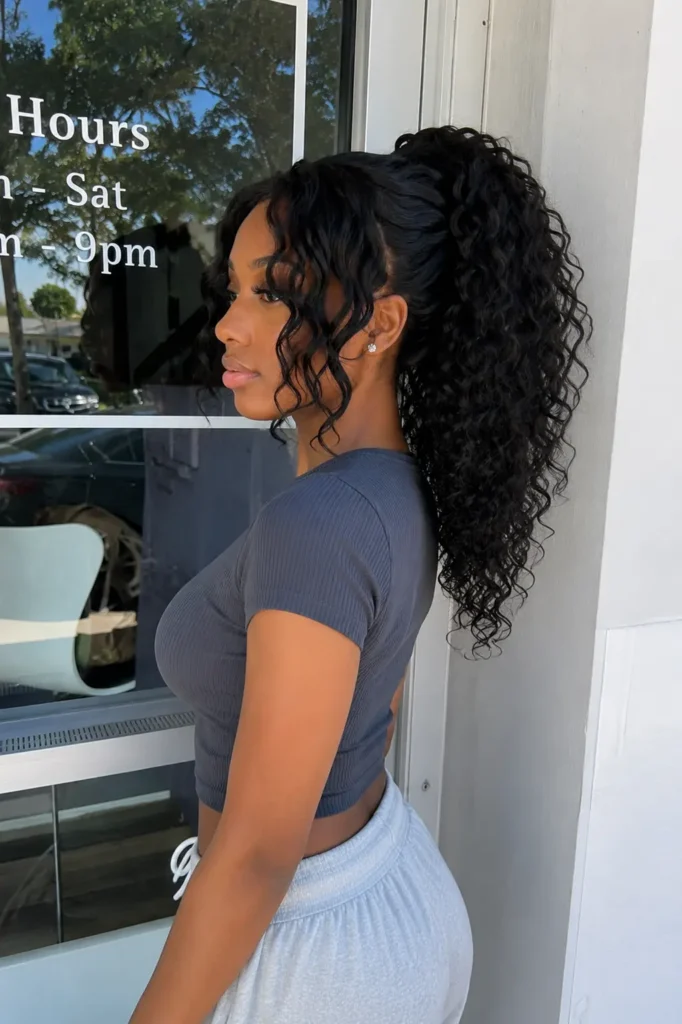 young woman with a curly quick weave ponytail featuring face-framing layers, showing soft defined curls and realistic hair texture.