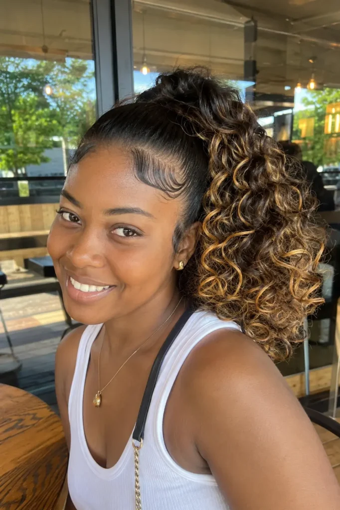 a young woman with a curly quick weave ponytail featuring soft caramel highlights. She has natural skin texture, a warm candid smile, and sleek styled edges.