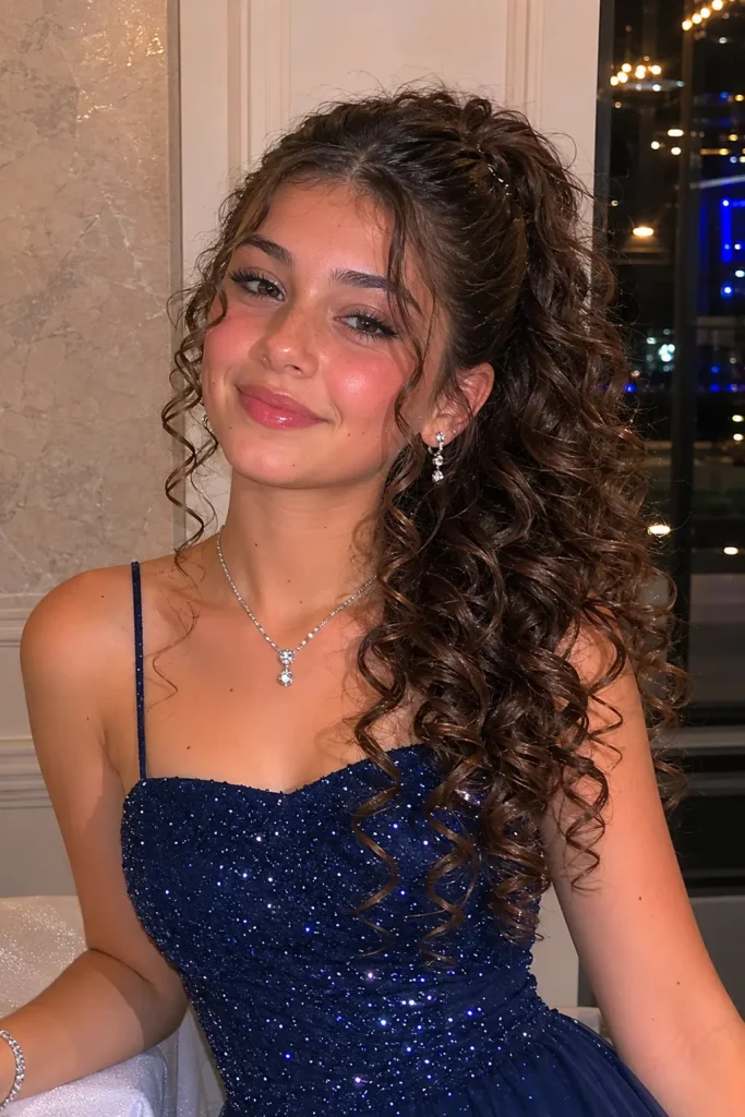 Real teenage girl around 13–14 years old wearing a navy blue sparkly formal dress, styled with a high curly ponytail featuring a voluminous crown and defined cascading curls.