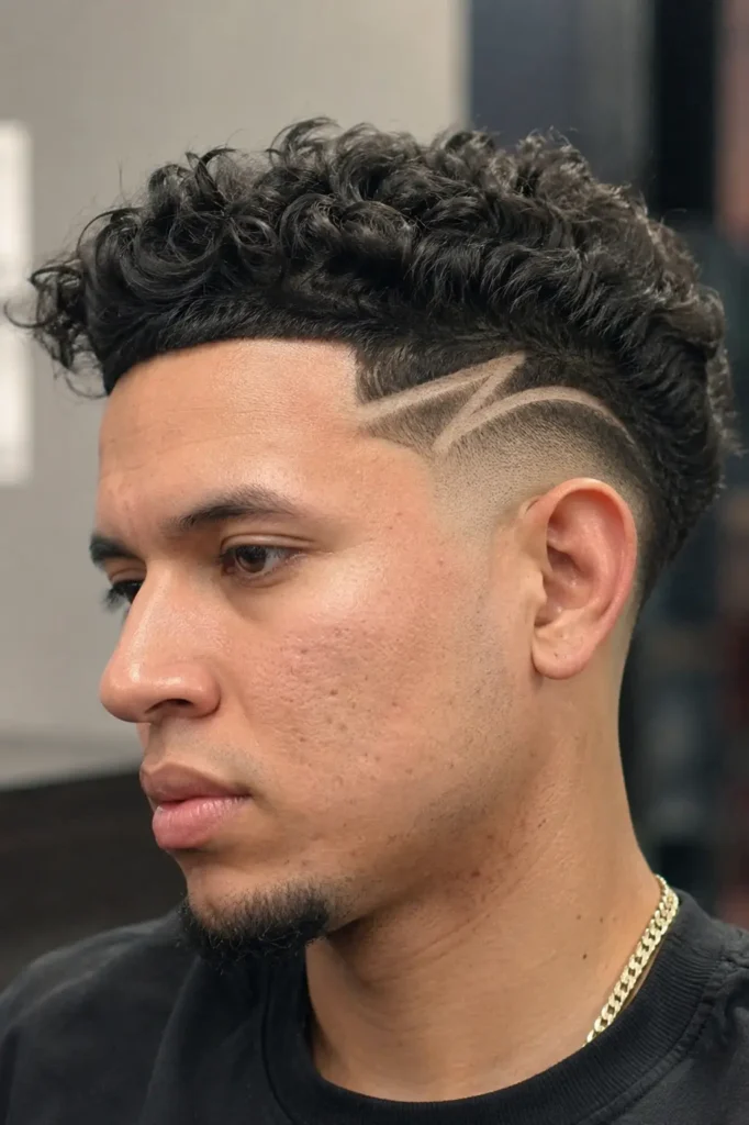 a young man with a curly top fade haircut and shaved side hair design, featuring natural facial features