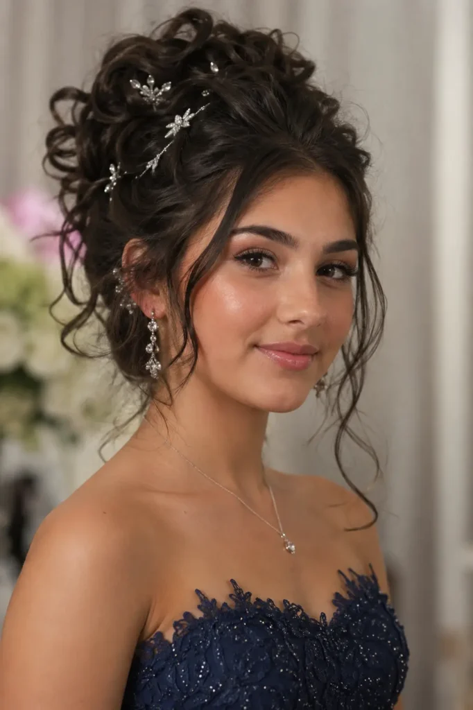 Real teenage girl with a curly updo hairstyle adorned with sparkly hair pins, wearing a navy blue formal dress and soft glam makeup. The elegant updo features textured curls with loose face-framing tendrils, highlighted by shimmering hair accessories.
