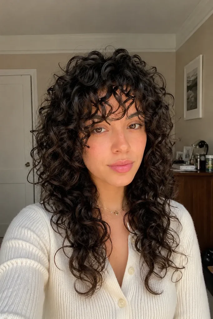A real girl with a curly wolf cut hairstyle featuring defined layered curls, soft curly bangs, and natural crown volume.