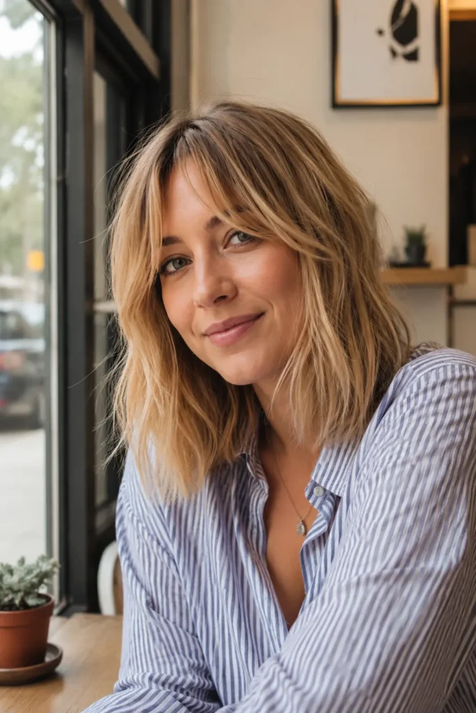 A real woman in her late 20s with fine light hair styled in a soft lob haircut with curtain bangs, sitting near a bright café window with a relaxed expression