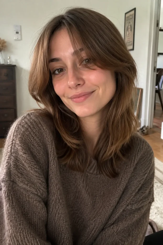 A real young woman with medium-length light brown hair styled in soft layers and curtain bangs, wearing a cozy knit sweate
