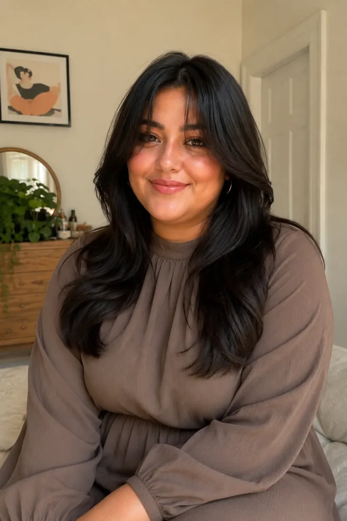 Plus-size woman with medium layered hair and soft curtain bangs, wearing a modest long-sleeve dress in a cozy indoor setting with natural daylight and realistic hair shine.