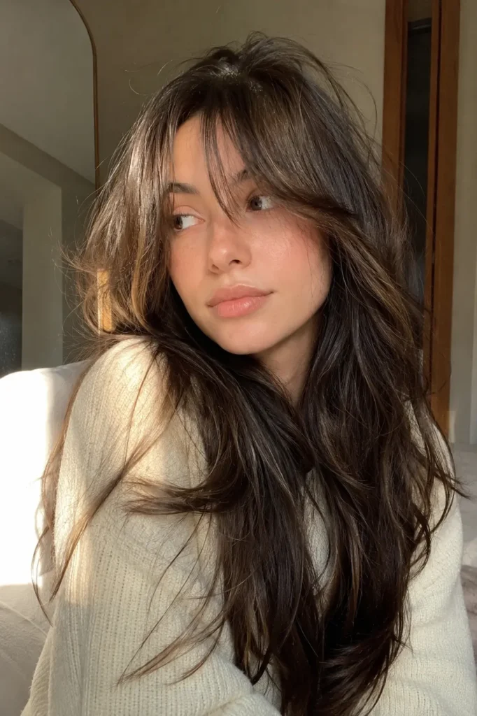 a young woman with curtain bangs and thick wavy layered hair sits indoors in warm golden-hour light, wearing a cozy cream sweater