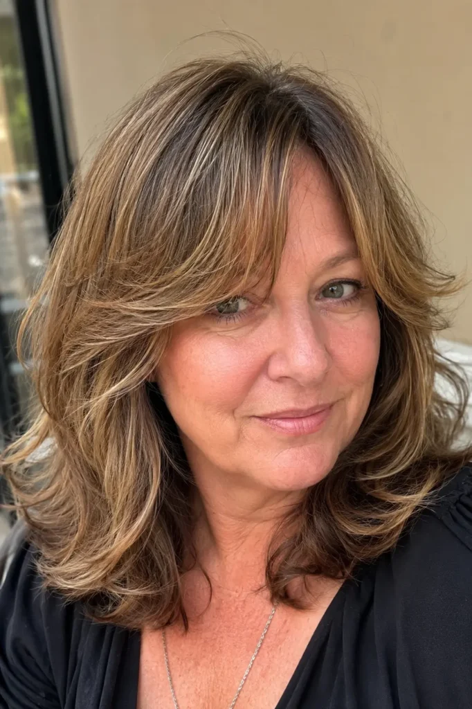 a woman around 50–60 years old with medium-length hair styled in soft curtain layers. Her hairstyle has natural movement, fullness, and textured layers framing the face