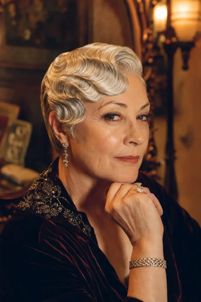 A real woman in her late 50s with a glamorous S-wave styled pixie haircut in shimmering silver-platinum tones poses in an Old Hollywood–inspired setting. Warm amber lighting highlights her elegant expression, natural mature skin texture, sparkling jewelry, and rich velvet attire, creating a timeless vintage portrait with classic cinematic glamour.