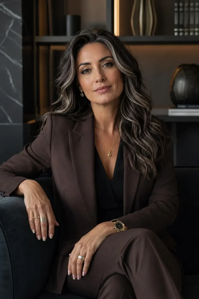 elegant woman in her early 40s with cool-toned medium skin, seated in a sophisticated moody interior. She wears a dark brown deep wave wig with silver-blonde highlights, a tailored brown blazer, subtle luxury jewelry,